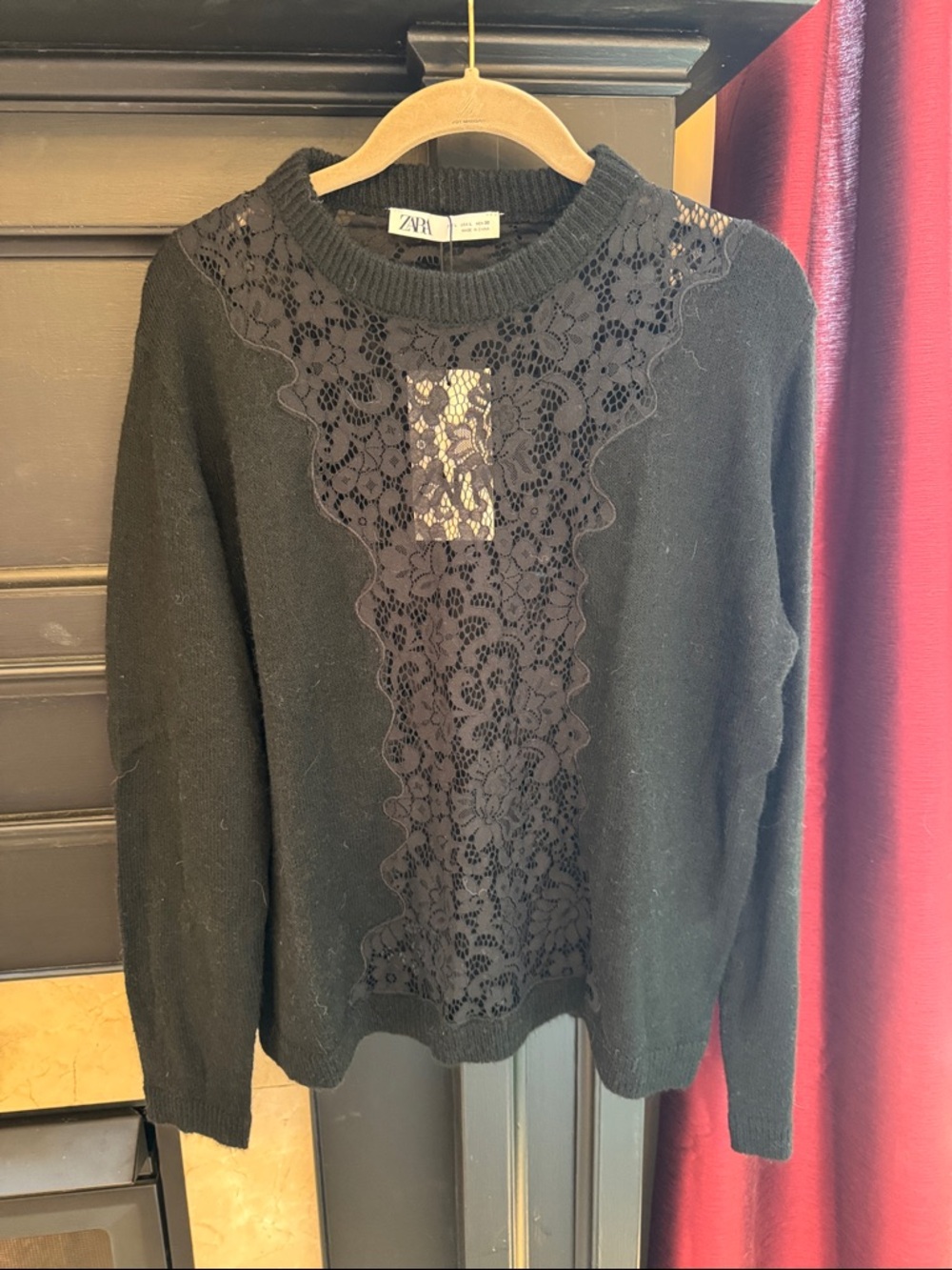 Zara Black Lace-Panel Crew Neck Sweater